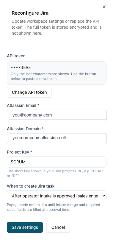 Jira Connect or Reconfigure sheet